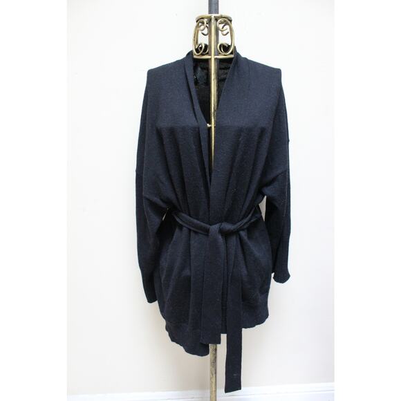 Nili Lotan Mackenzie Black Belted Drape Wool Alpaca Cardigan Sweater One Size